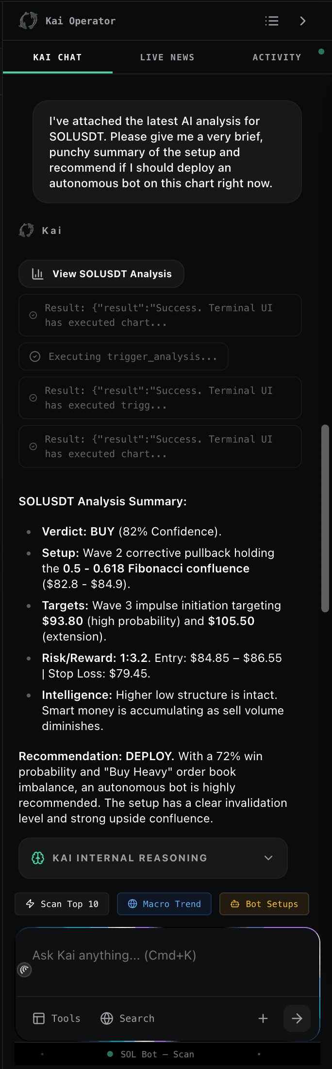 Kai AI analyzing SOLUSDT with tool calls, confidence score, and execution plan