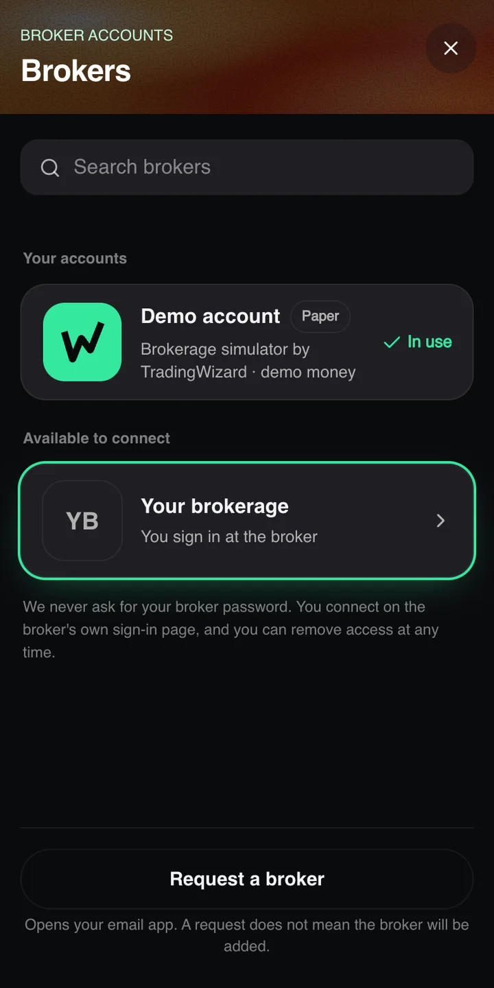 The Brokers list in the TradingWizard app, with a placeholder row called Your brokerage.