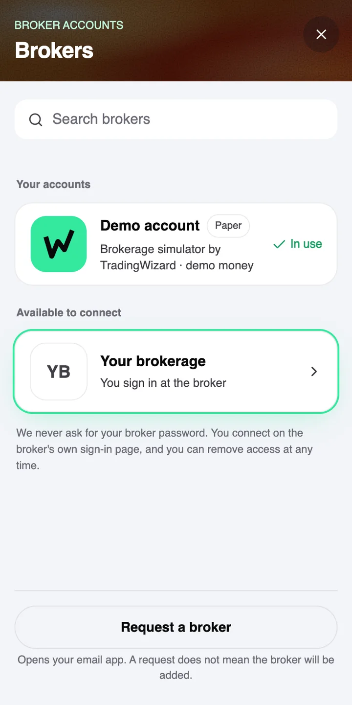 The Brokers list in the TradingWizard app, with a placeholder row called Your brokerage.